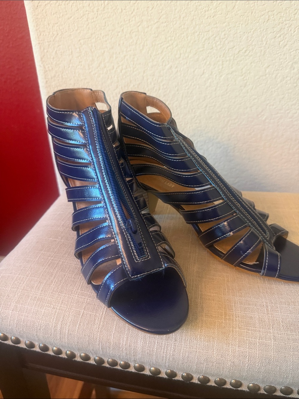 Navy Strappy Front-Zip Block Heel Sandals
